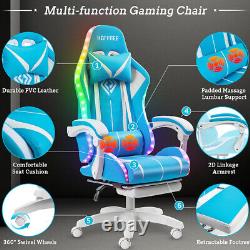 Bluetooth Speaker Massage Gaming Chair LED Reclining Computer Office Blue+White