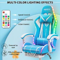 Bluetooth Speaker Massage Gaming Chair LED Reclining Computer Office Blue+White