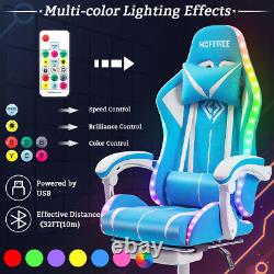 Bluetooth Speaker Massage Gaming Chair LED Reclining Computer Office Blue+White