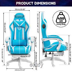 Bluetooth Speaker Massage Gaming Chair LED Reclining Computer Office Blue+White