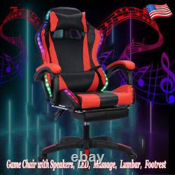 Gaming Chair Lumbar Support+Footrest WithBluetooth Speaker, LED, Massage Swivel Seat