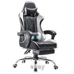 Gaming Chair with Footrest and Massage Lumbar Support, Ergonomic Computer White