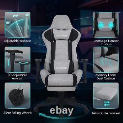 Gray Gaming Chair with Footrest and Massage High Back Ergonomic Lumbar Support