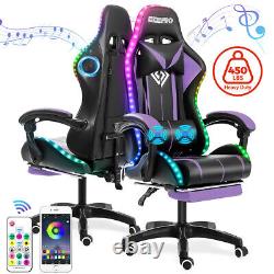 Hoffree bluetooth Massage Gaming Chair w Speaker Office Computer Footrest Purple