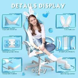 Light Blue Gaming Chair with Bunny Ear Cute Massage Gaming Chairs for Adults