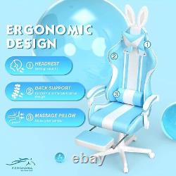 Light Blue Gaming Chair with Bunny Ear Cute Massage Gaming Chairs for Adults