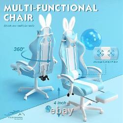 Light Blue Gaming Chair with Bunny Ear Cute Massage Gaming Chairs for Adults