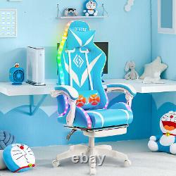 Lumbar Massage Computer Gaming Chair LED Light Ergonomic Headrest Footrest Blue