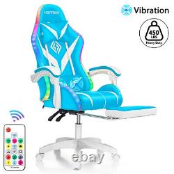 Lumbar Massage Computer Gaming Chair LED Light Ergonomic Headrest Footrest Blue