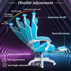 Lumbar Massage Computer Gaming Chair LED Light Ergonomic Headrest Footrest Blue