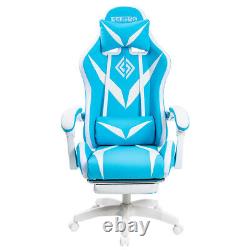 Lumbar Massage Computer Gaming Chair LED Light Ergonomic Headrest Footrest Blue