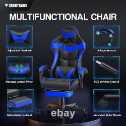 Massage Gaming Chair Adjustable Ergonomic Support, Blue, for Adults & Kids