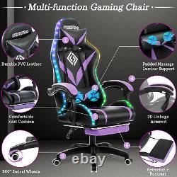 Massage Gaming Chair RGB LED Lights Racing Ergonomic Executive Recline Purple