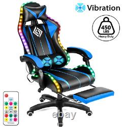 Massage Gaming Chair Racing with RGB LED Footrest Chair Desk Ergonomic Blue US