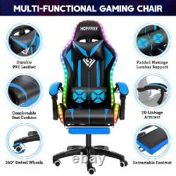 Massage Gaming Chair Racing with RGB LED Footrest Chair Desk Ergonomic Blue US