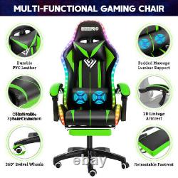 Massage Gaming Chair Racing with RGB LED Footrest Chair Desk Ergonomic Green US