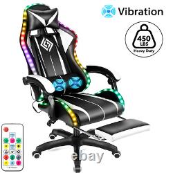 Massage Gaming Chair Racing with RGB LED Footrest Chair Desk Ergonomic White USA