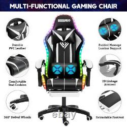 Massage Gaming Chair Racing with RGB LED Footrest Chair Desk Ergonomic White USA