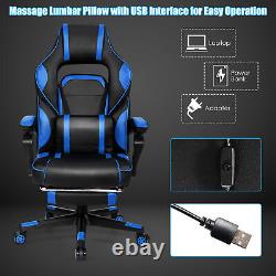 Massage Gaming Chair Recliner Racing Chair with Retractable Footrest Blue Home