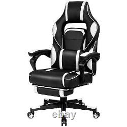 Massage Gaming Chair Recliner Racing Chair with Retractable Footrest White Home