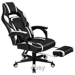 Massage Gaming Chair Recliner Racing Chair with Retractable Footrest White Home