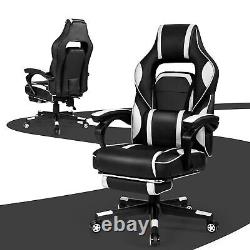 Massage Gaming Chair Recliner Racing Chair with Retractable Footrest White Home