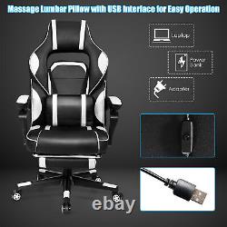 Massage Gaming Chair Recliner Racing Chair with Retractable Footrest White Home