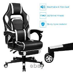 Massage Gaming Chair Recliner Racing Chair with Retractable Footrest White Home