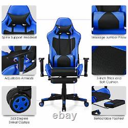 Massage Gaming Chair Reclining Racing Office Computer Chair with Footrest Blue