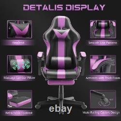 Massage Gaming Chair with Footrest with Lumbar Pillow and Headrest Purple