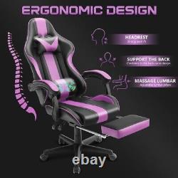 Massage Gaming Chair with Footrest with Lumbar Pillow and Headrest Purple