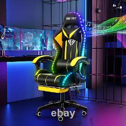 Massage Gaming Chair with LED + bluetooth Speaker Reclining Footrest Headrest