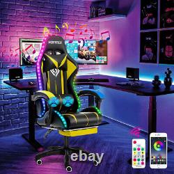 Massage Gaming Chair with LED + bluetooth Speaker Reclining Footrest Headrest