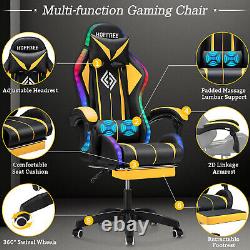 Massage Gaming Chair with LED + bluetooth Speaker Reclining Footrest Headrest