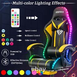 Massage Gaming Chair with LED + bluetooth Speaker Reclining Footrest Headrest