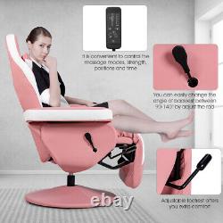 Massage Gaming Recliner Reclining Racing Chair Swivel withCup Holder & Pillow Pink