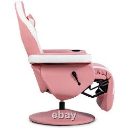 Massage Gaming Recliner Reclining Racing Chair Swivel withCup Holder & Pillow Pink