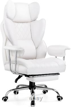 PU Leather White Computer Chair w Footrest Massage Lumbar Support w Swivel Seat