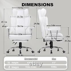 PU Leather White Computer Chair w Footrest Massage Lumbar Support w Swivel Seat