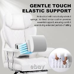 PU Leather White Computer Chair w Footrest Massage Lumbar Support w Swivel Seat