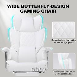 PU Leather White Computer Chair w Footrest Massage Lumbar Support w Swivel Seat