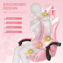 Pink Gaming Chair Office Chair with Footrest Headrest & Massage Lumbar Support E