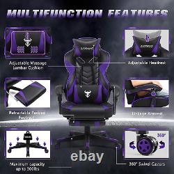 Purple Ergonomic Gaming Chair with Footrest, Adjustable Reclining, Massage Lumba