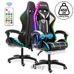 RGB LED Ergonomic Office Chair Massage Racing Gaming Chair with Footrest White