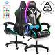 RGB LED Ergonomic Office Chair Massage Racing Gaming Chair with Footrest White